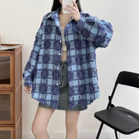 FA51868# 棋盘格蓝色格子衬衫女设计感小众春秋女装衬衣上衣外套 服裝批發女裝批發服飾貨源