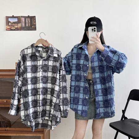 FA51868# 棋盘格蓝色格子衬衫女设计感小众春秋女装衬衣上衣外套 服裝批發女裝批發服飾貨源