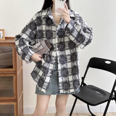 FA51868# 棋盘格蓝色格子衬衫女设计感小众春秋女装衬衣上衣外套 服裝批發女裝批發服飾貨源