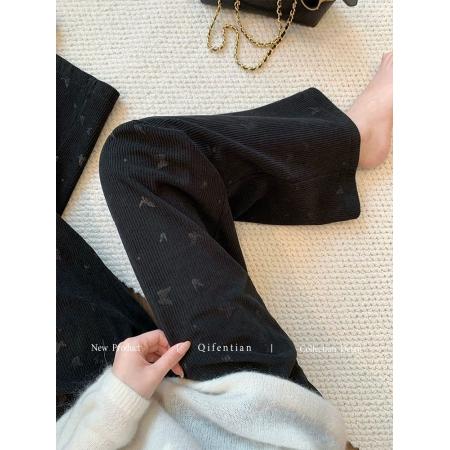 FA51869# 大码300斤蝴蝶压花灯芯绒阔腿裤女秋冬高腰加绒直筒裤潮 服裝批發女裝批發服飾貨源