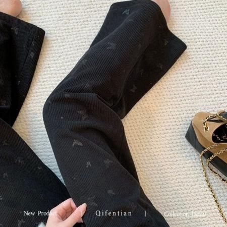 FA51869# 大码300斤蝴蝶压花灯芯绒阔腿裤女秋冬高腰加绒直筒裤潮 服裝批發女裝批發服飾貨源