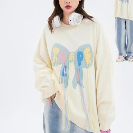 美式炸街设计感潮牌蝴蝶结流苏毛衣针织衫宽松百搭显瘦小众上衣服 服裝批發女裝批發服飾貨源