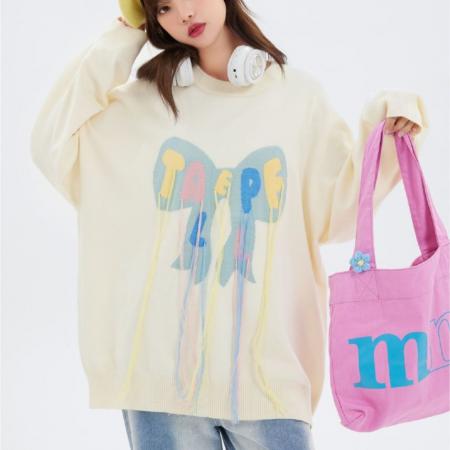 FA51871# 美式炸街设计感潮牌蝴蝶结流苏毛衣针织衫宽松百搭显瘦小众上衣服 服裝批發女裝批發服飾貨源