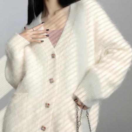 FA51872# 水貂毛针织开衫毛衣女秋冬新款外套中长款V领慵懒风外搭上衣 服裝批發女裝批發服飾貨源