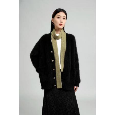 FA51872# 水貂毛针织开衫毛衣女秋冬新款外套中长款V领慵懒风外搭上衣 服裝批發女裝批發服飾貨源