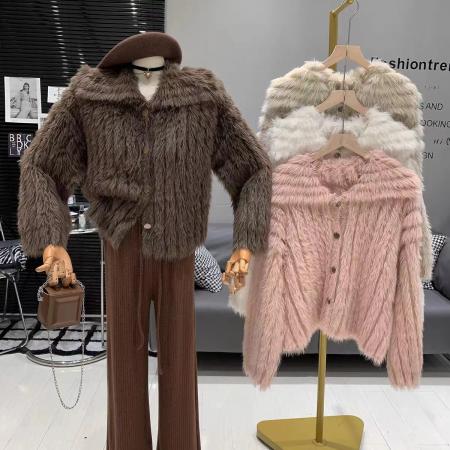 FA51873# 小清新甜美优雅气质法式复古慵懒风软糯短款翻领毛绒绒洋气外套女 服裝批發女裝批發服飾貨源