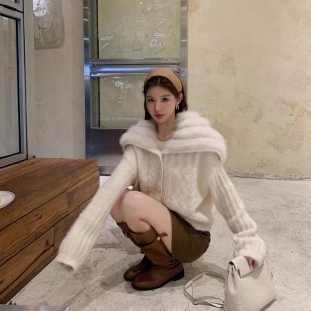 FA51875# 韩女千金羊毛狐狸毛大翻领毛衣针织衫女海军领短款外套25新 服裝批發女裝批發服飾貨源