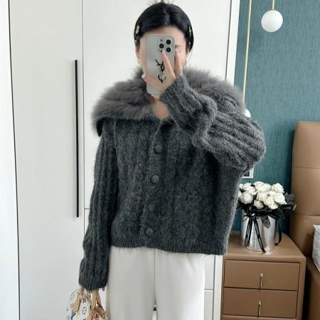 FA51875# 韩女千金羊毛狐狸毛大翻领毛衣针织衫女海军领短款外套25新 服裝批發女裝批發服飾貨源