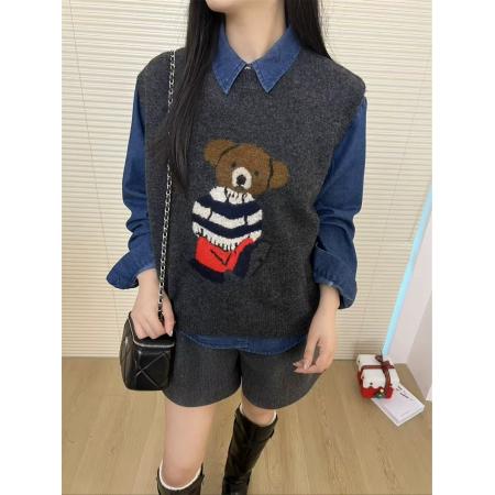 FA51879# 春装新款卡通小熊图案圆领牛仔针织马甲女宽松显瘦毛衣两件套 服裝批發女裝批發服飾貨源