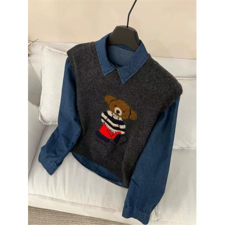 FA51879# 春装新款卡通小熊图案圆领牛仔针织马甲女宽松显瘦毛衣两件套 服裝批發女裝批發服飾貨源