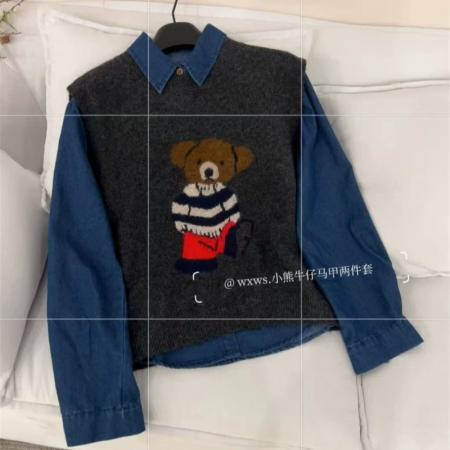 FA51879# 春装新款卡通小熊图案圆领牛仔针织马甲女宽松显瘦毛衣两件套 服裝批發女裝批發服飾貨源