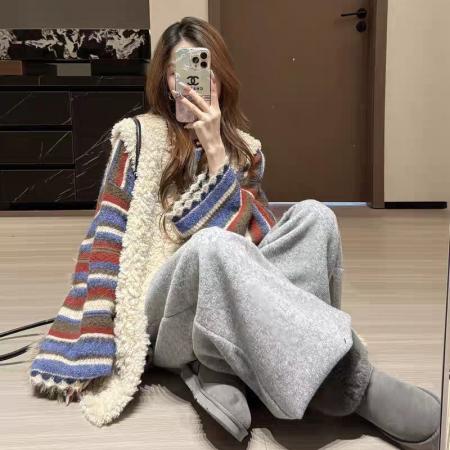 韩系复古撞色条纹毛衣女秋冬可外穿慵懒风宽松软糯针织衫内搭上衣 服裝批發女裝批發服飾貨源