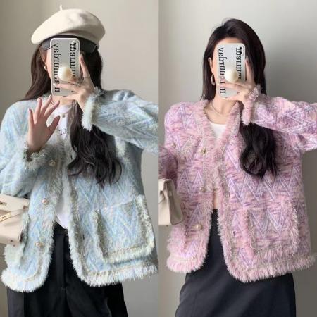 FA51881# 小香风时尚外套女装秋款仿水貂毛百搭毛针织衫甜美单排扣 服裝批發女裝批發服飾貨源