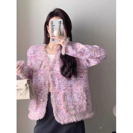 FA51881# 小香风时尚外套女装秋款仿水貂毛百搭毛针织衫甜美单排扣 服裝批發女裝批發服飾貨源