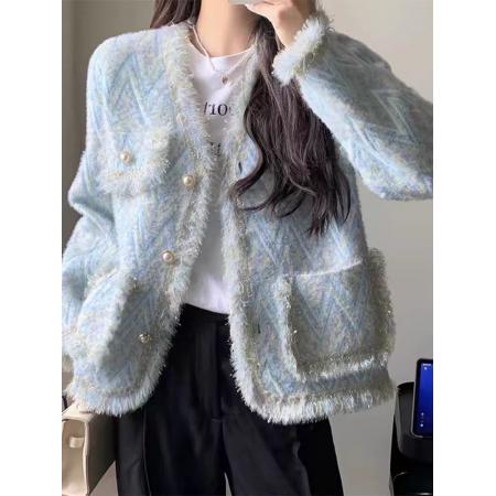 FA51881# 小香风时尚外套女装秋款仿水貂毛百搭毛针织衫甜美单排扣 服裝批發女裝批發服飾貨源