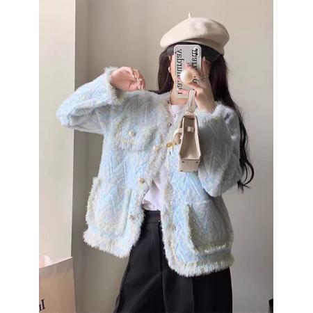 FA51881# 小香风时尚外套女装秋款仿水貂毛百搭毛针织衫甜美单排扣 服裝批發女裝批發服飾貨源