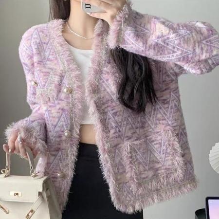 FA51881# 小香风时尚外套女装秋款仿水貂毛百搭毛针织衫甜美单排扣 服裝批發女裝批發服飾貨源