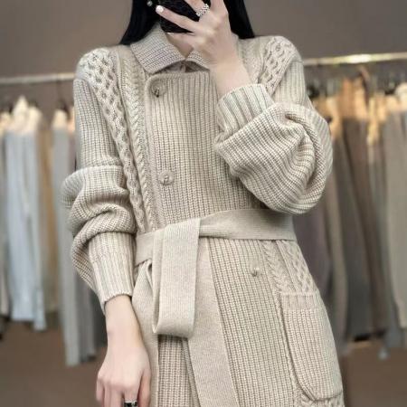 FA51882# 重工绞花羊绒开衫女秋冬季新款慵懒风休闲针织外套中长款翻领上衣 服裝批發女裝批發服飾貨源