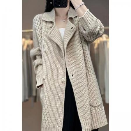 FA51882# 重工绞花羊绒开衫女秋冬季新款慵懒风休闲针织外套中长款翻领上衣 服裝批發女裝批發服飾貨源