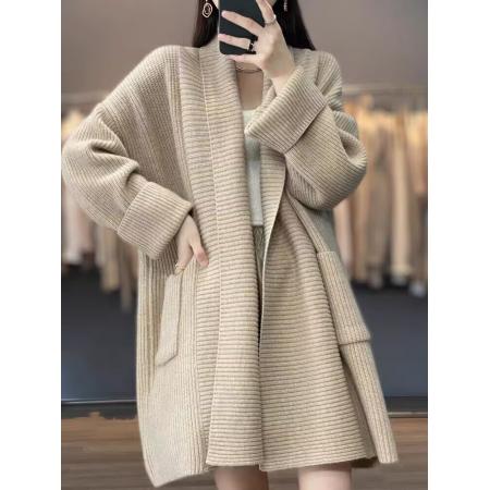 FA51883# 新款1羊毛外套女加厚中长款外搭绞花羊绒开衫宽松慵懒针 服裝批發女裝批發服飾貨源