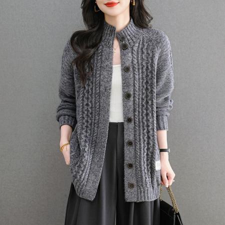 中长款羊毛针织开衫女秋冬扭花毛衣外套宽松韩版高级感外搭 服裝批發女裝批發服飾貨源