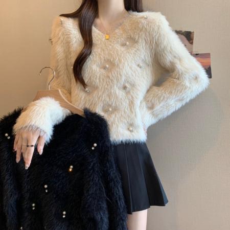 FA51885# 大码胖MM秋冬新款小香风重工钉钻仿水貂长袖套头毛衣 服裝批發女裝批發服飾貨源