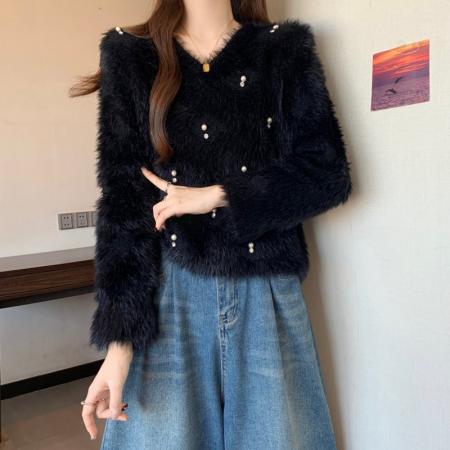 FA51885# 大码胖MM秋冬新款小香风重工钉钻仿水貂长袖套头毛衣 服裝批發女裝批發服飾貨源