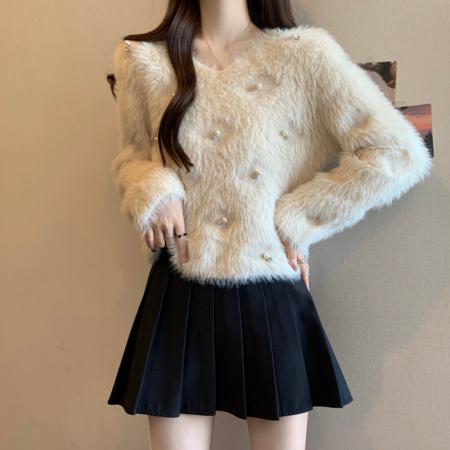 FA51885# 大码胖MM秋冬新款小香风重工钉钻仿水貂长袖套头毛衣 服裝批發女裝批發服飾貨源