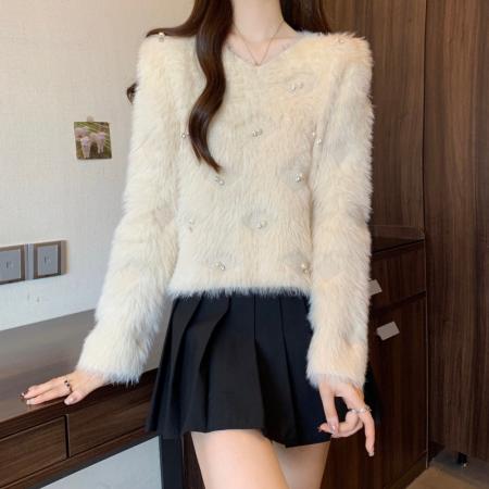 FA51885# 大码胖MM秋冬新款小香风重工钉钻仿水貂长袖套头毛衣 服裝批發女裝批發服飾貨源