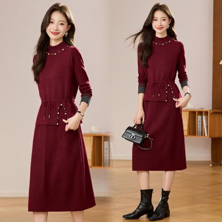FA51890# 爆款钉珠马甲连衣裙女秋冬新款中长款纯色针织毛衣冬裙子 服裝批發女裝批發服飾貨源