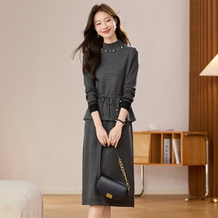 FA51890# 爆款钉珠马甲连衣裙女秋冬新款中长款纯色针织毛衣冬裙子 服裝批發女裝批發服飾貨源