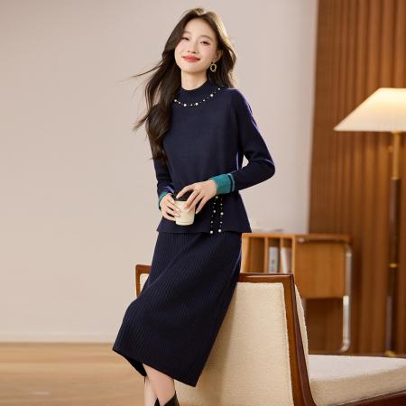 FA51890# 爆款钉珠马甲连衣裙女秋冬新款中长款纯色针织毛衣冬裙子 服裝批發女裝批發服飾貨源