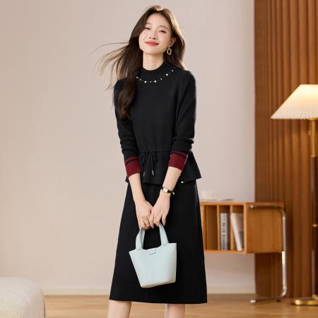 FA51890# 爆款钉珠马甲连衣裙女秋冬新款中长款纯色针织毛衣冬裙子 服裝批發女裝批發服飾貨源
