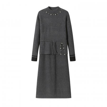 FA51890# 爆款钉珠马甲连衣裙女秋冬新款中长款纯色针织毛衣冬裙子 服裝批發女裝批發服飾貨源