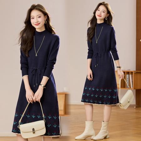 FA51891# 半高领抽绳针织羊毛连衣裙女新款秋冬内搭洋气减龄毛衣裙 服裝批發女裝批發服飾貨源