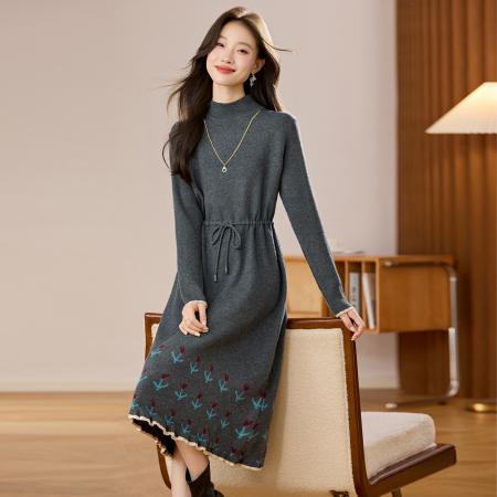 FA51891# 半高领抽绳针织羊毛连衣裙女新款秋冬内搭洋气减龄毛衣裙 服裝批發女裝批發服飾貨源