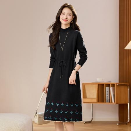 FA51891# 半高领抽绳针织羊毛连衣裙女新款秋冬内搭洋气减龄毛衣裙 服裝批發女裝批發服飾貨源