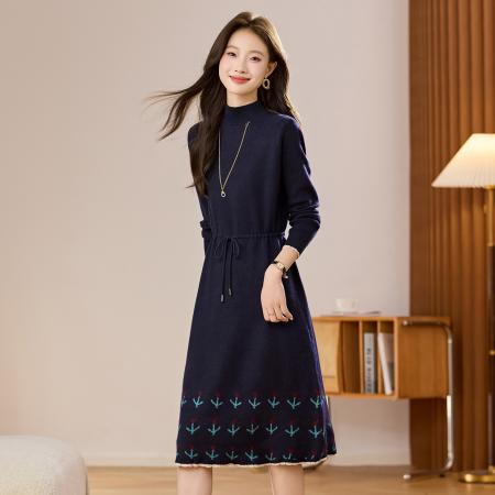 FA51891# 半高领抽绳针织羊毛连衣裙女新款秋冬内搭洋气减龄毛衣裙 服裝批發女裝批發服飾貨源