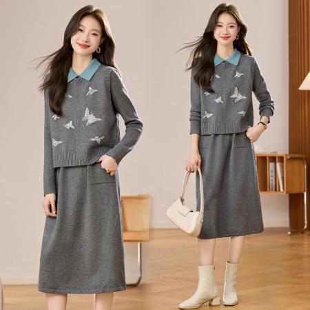 FA51895# 早秋两件套圆领马甲中长款针织衫女宽松百搭长袖毛衣裙 服裝批發女裝批發服飾貨源