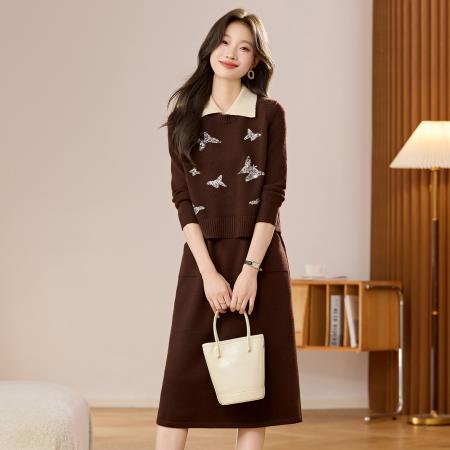 FA51895# 早秋两件套圆领马甲中长款针织衫女宽松百搭长袖毛衣裙 服裝批發女裝批發服飾貨源