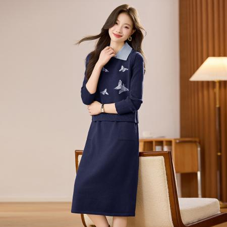 FA51895# 早秋两件套圆领马甲中长款针织衫女宽松百搭长袖毛衣裙 服裝批發女裝批發服飾貨源