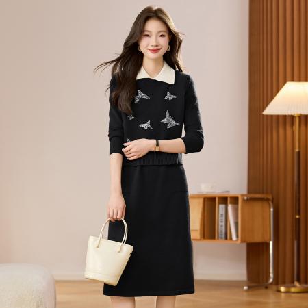 FA51895# 早秋两件套圆领马甲中长款针织衫女宽松百搭长袖毛衣裙 服裝批發女裝批發服飾貨源