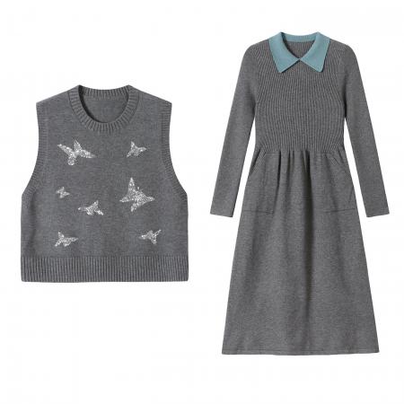 FA51895# 早秋两件套圆领马甲中长款针织衫女宽松百搭长袖毛衣裙 服裝批發女裝批發服飾貨源