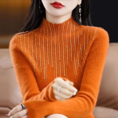FA51898# 新带钻套头羊毛衫女半高领镶钻针织秋冬新款打底修身显瘦毛衣 服裝批發女裝批發服飾貨源