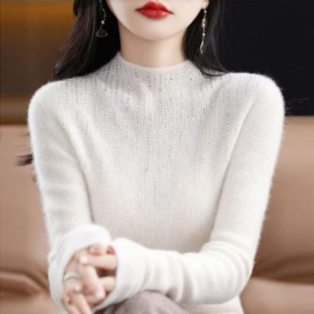 FA51898# 新带钻套头羊毛衫女半高领镶钻针织秋冬新款打底修身显瘦毛衣 服裝批發女裝批發服飾貨源