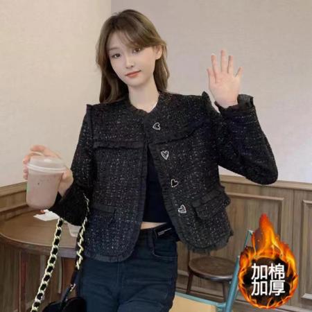 FA51900# 爱心扣小香风外套女春季新款百搭粗花呢法式气质上衣短款女 服裝批發女裝批發服飾貨源