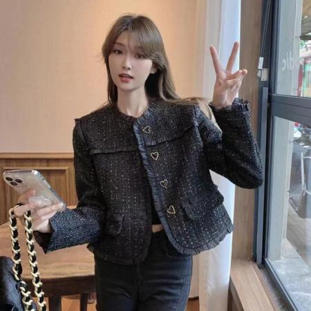 FA51900# 爱心扣小香风外套女春季新款百搭粗花呢法式气质上衣短款女 服裝批發女裝批發服飾貨源
