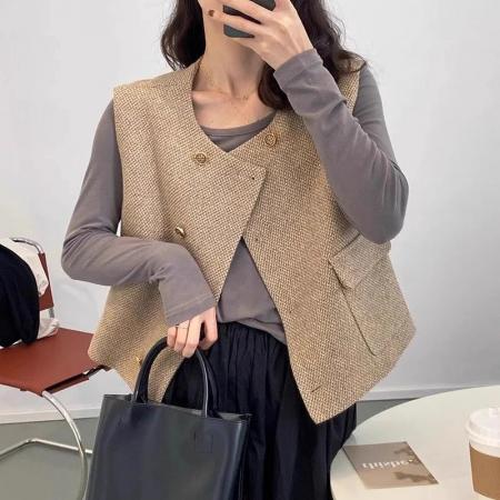 FA51901# 小香风粗花呢无袖口袋马甲外套女秋季新款名媛风显瘦坎肩背心 服裝批發女裝批發服飾貨源