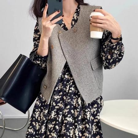 FA51901# 小香风粗花呢无袖口袋马甲外套女秋季新款名媛风显瘦坎肩背心 服裝批發女裝批發服飾貨源