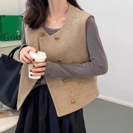 FA51901# 小香风粗花呢无袖口袋马甲外套女秋季新款名媛风显瘦坎肩背心 服裝批發女裝批發服飾貨源